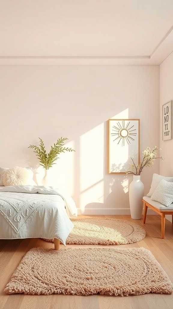 A pastel bedroom with soft textured rugs, a bed, and natural light.