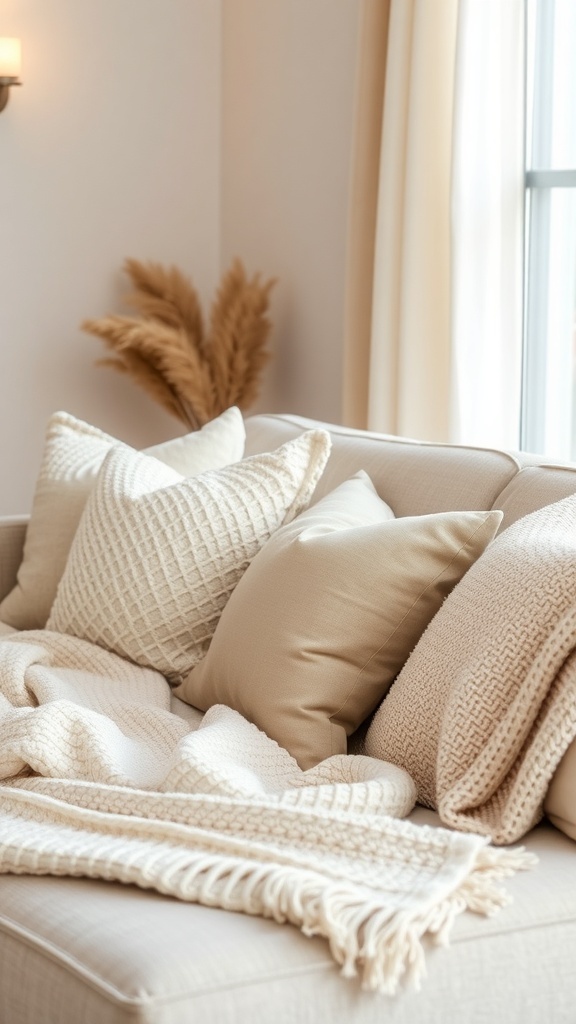 A cozy living room scene featuring soft pillows and a textured blanket on a neutral sofa.