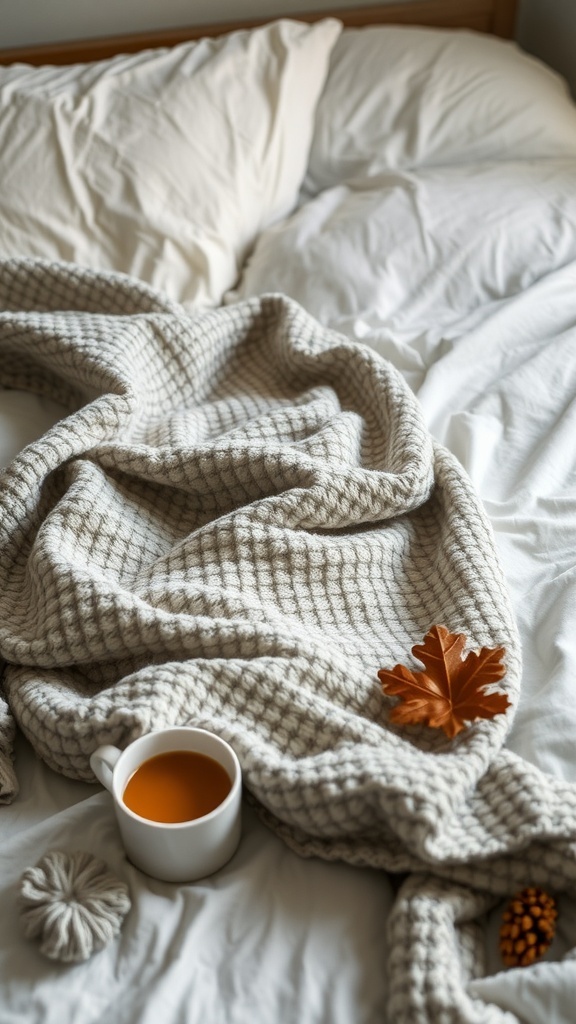 A cozy bed with a soft throw blanket, a cup of tea, and autumn leaves.