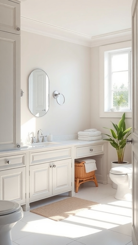 A bright and neutral bathroom with soft white accents, featuring a sink, mirror, and plants.