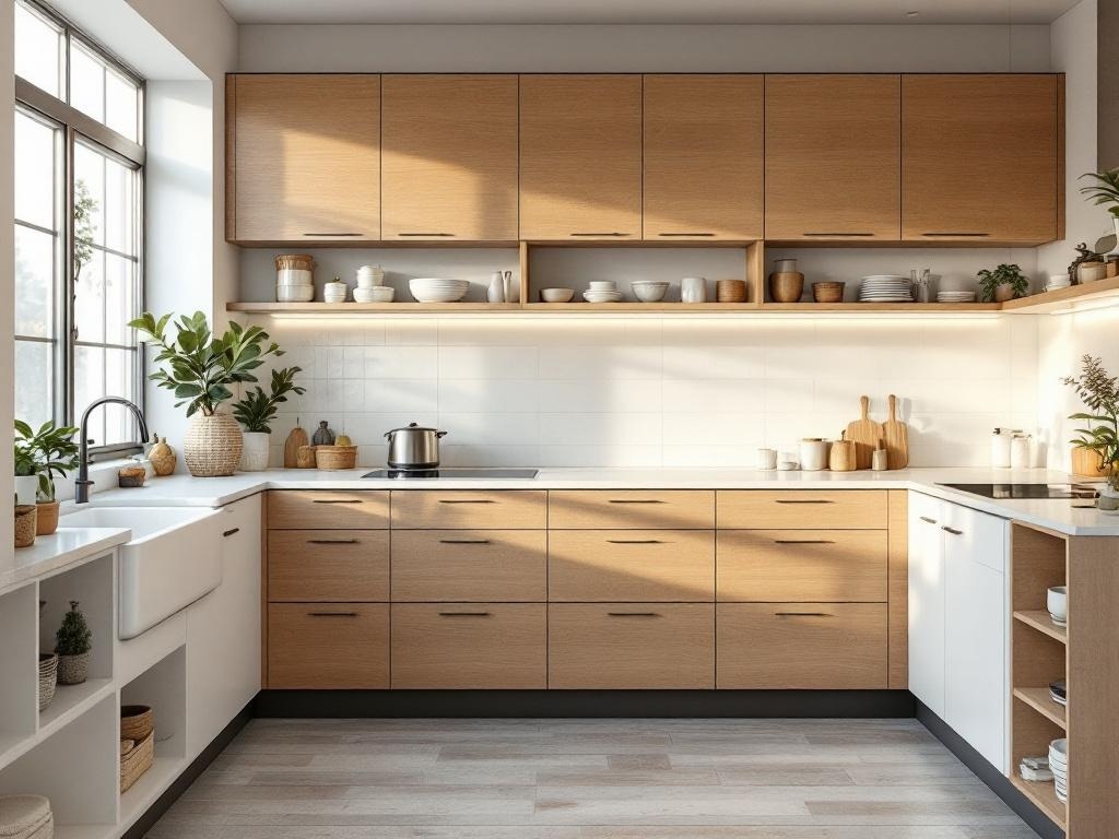 A bright kitchen featuring soft white cabinets and warm wood accents with plants on the windowsill.