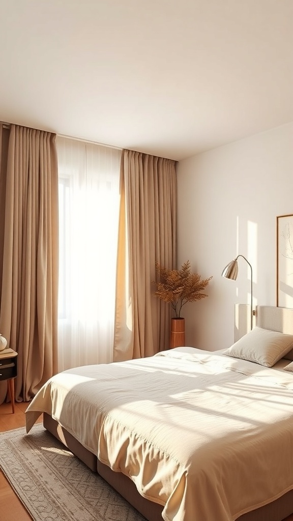 A modern bedroom with soft beige curtains, a light-colored bedspread, and warm sunlight streaming through the window.