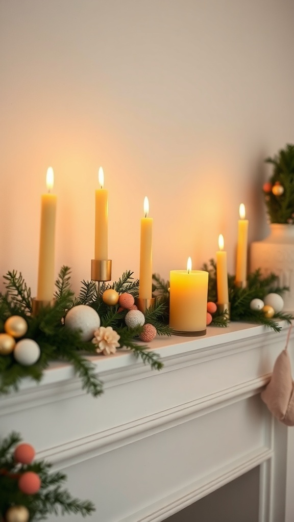 Soft yellow candles on a mantel with pastel decorations