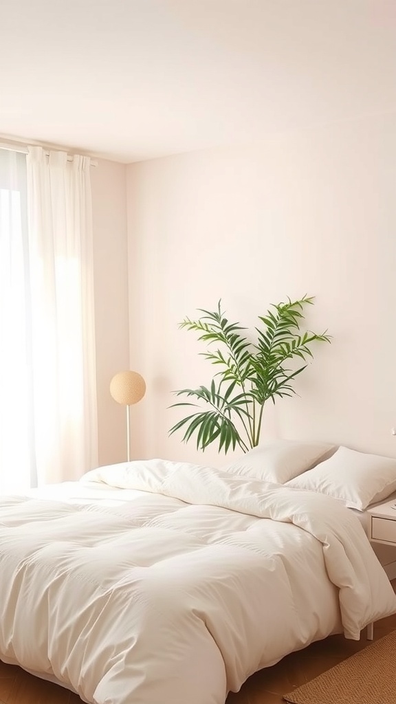A calming bedroom with soft colors and a plant.