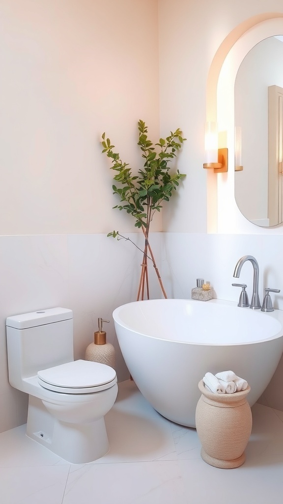 A serene spa bathroom featuring a round bathtub, neutral colors, and a touch of greenery.