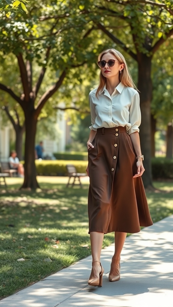 A woman in a light blouse and brown A-line skirt walking in a park