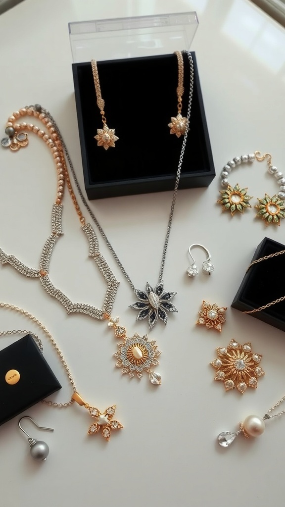 A collection of elegant jewelry including necklaces, earrings, and bracelets, displayed on a white surface.