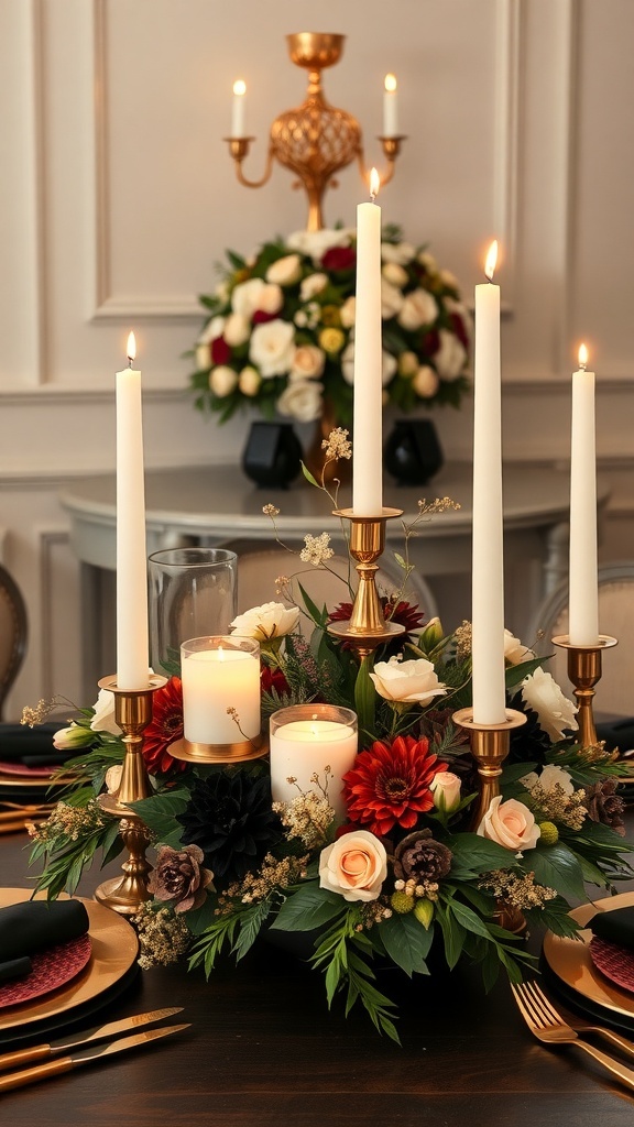 A sophisticated Halloween centerpiece featuring tall candles, flowers, and gold accents.