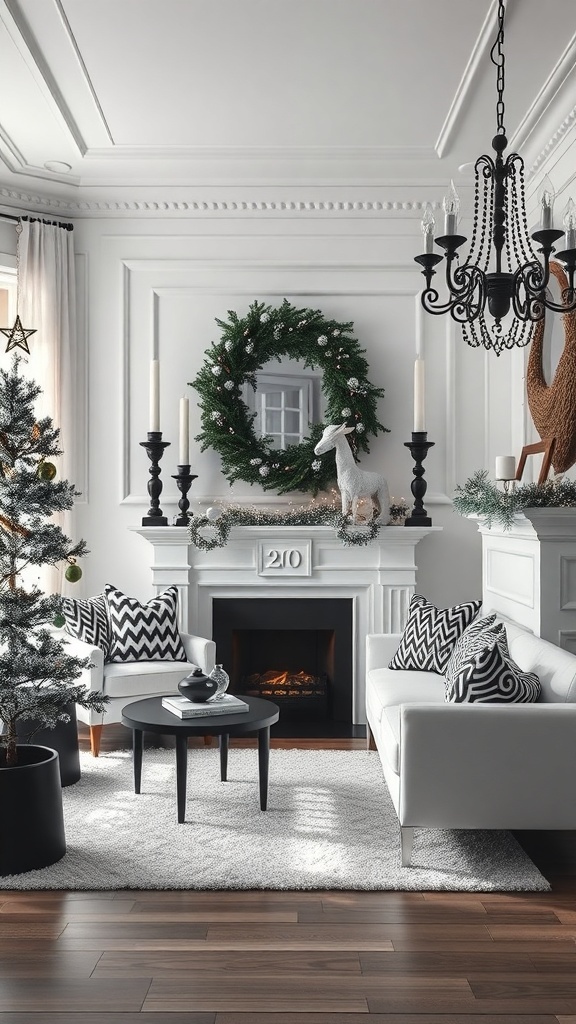 A stylish Christmas room decorated in black and white with a tree, wreath, and cozy furniture.