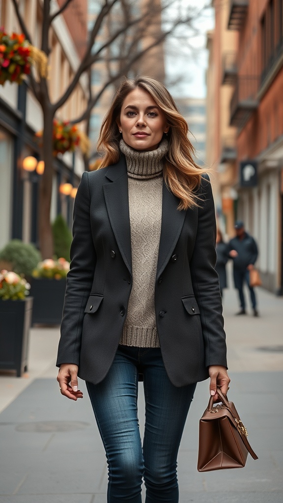 A woman wearing a blazer over a sweater, walking down a city street.
