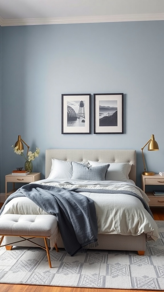 A light blue bedroom featuring gray bedding and decor, with framed artwork on the wall.