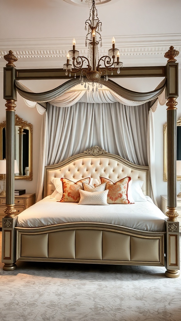 A sophisticated canopy bed with a plush headboard, elegant bedding, and mirrors on the walls.