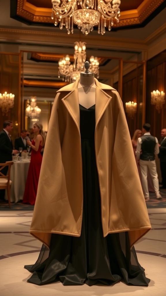 A sophisticated cape coat over an elegant evening gown displayed in a luxurious setting.