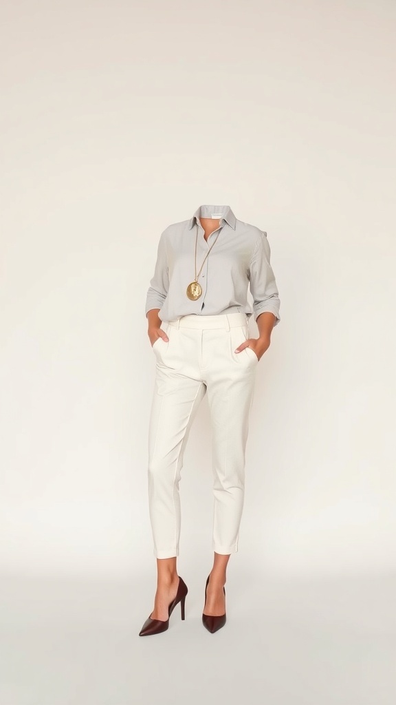 A woman wearing a light grey shirt and white capris, accessorized with a necklace and pointed heels.