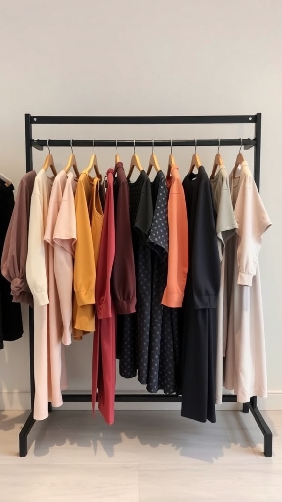 A variety of business casual tops in different colors hanging on a rack.