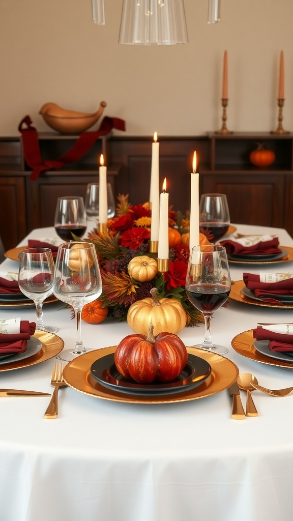 An elegant Thanksgiving table setting with rich colors, pumpkins, and candles.