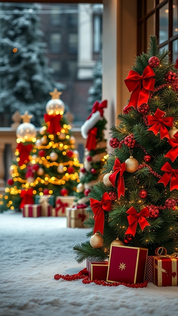 Christmas trees decorated with red bows and golden ornaments, surrounded by wrapped gifts.