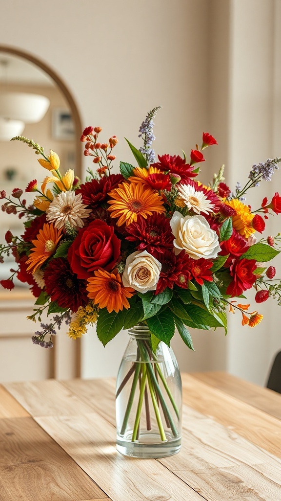 A colorful fall bouquet featuring red, orange, and yellow flowers in a clear glass vase on a wooden table.