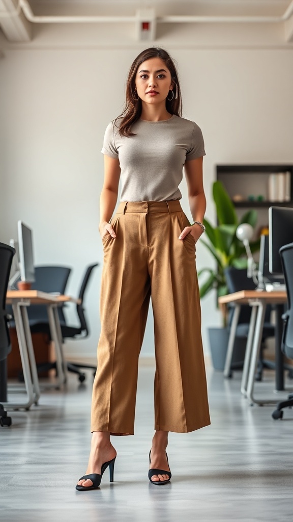 A woman wearing high-waisted brown culottes and a gray top, standing confidently in an office setting.