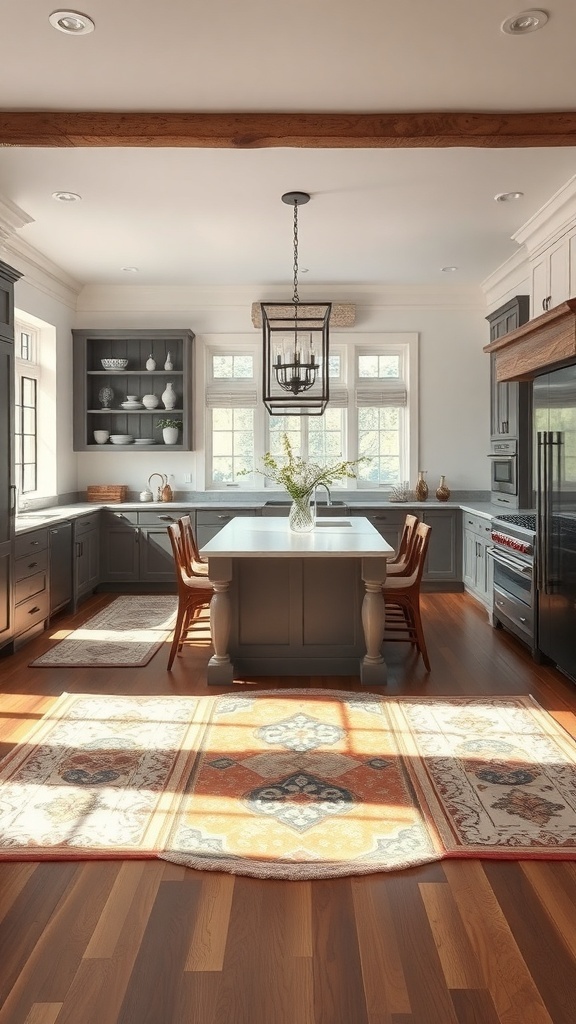 A luxury farmhouse kitchen with wooden flooring and a decorative rug.