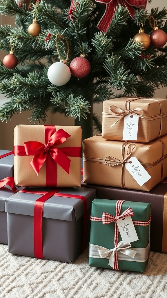 Beautifully wrapped Christmas gifts with elegant ribbons and tags under a decorated tree.