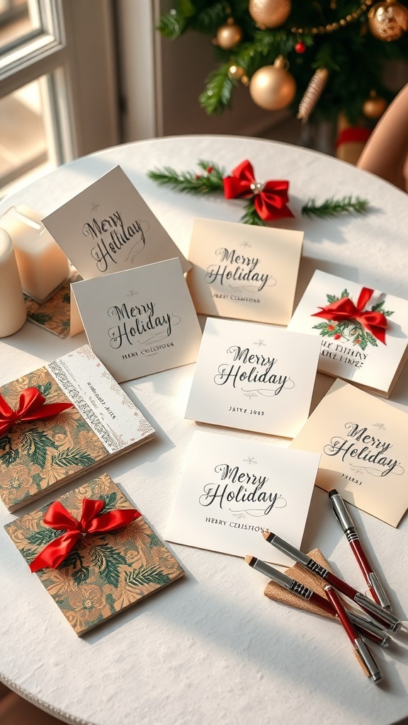 A collection of classy holiday greeting cards displayed on a table with festive decorations.