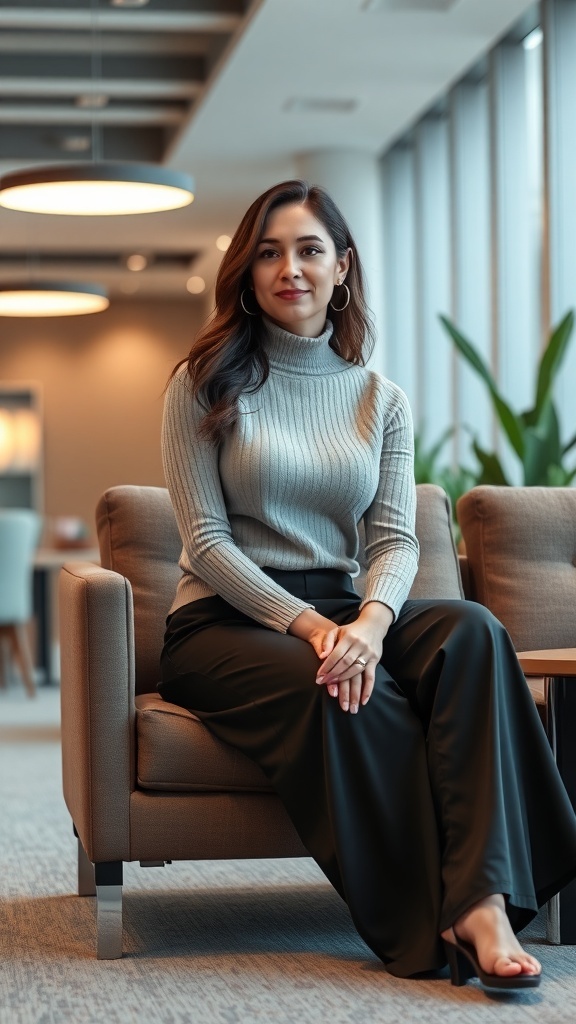 A woman sitting in a modern office space wearing a light gray knit top and a black skirt.