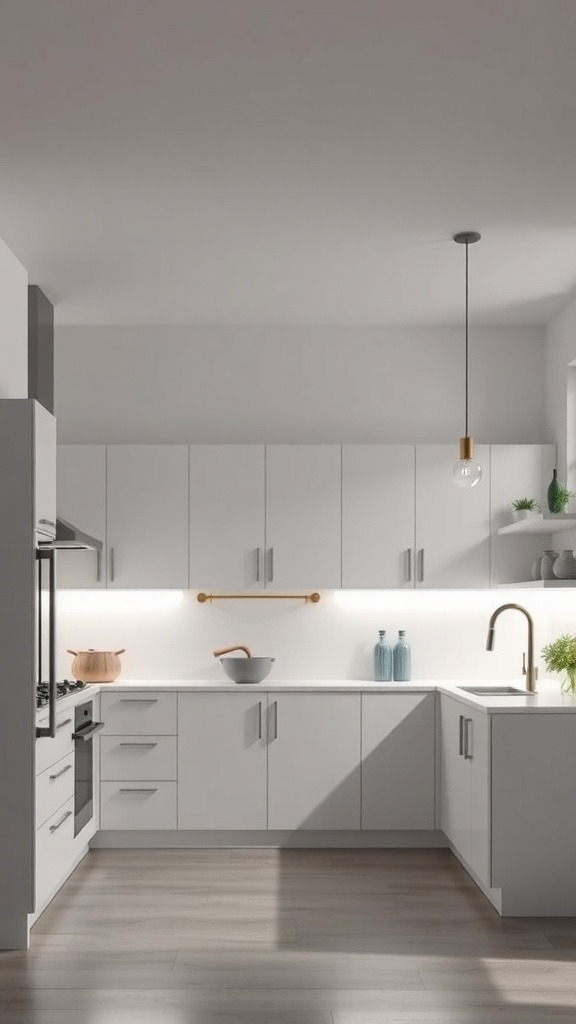 A minimalist kitchen with sleek cabinets and sophisticated lighting.