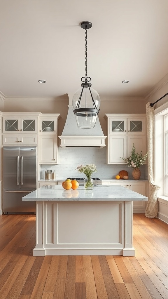 A luxury farmhouse kitchen featuring a stylish pendant light above a central island.