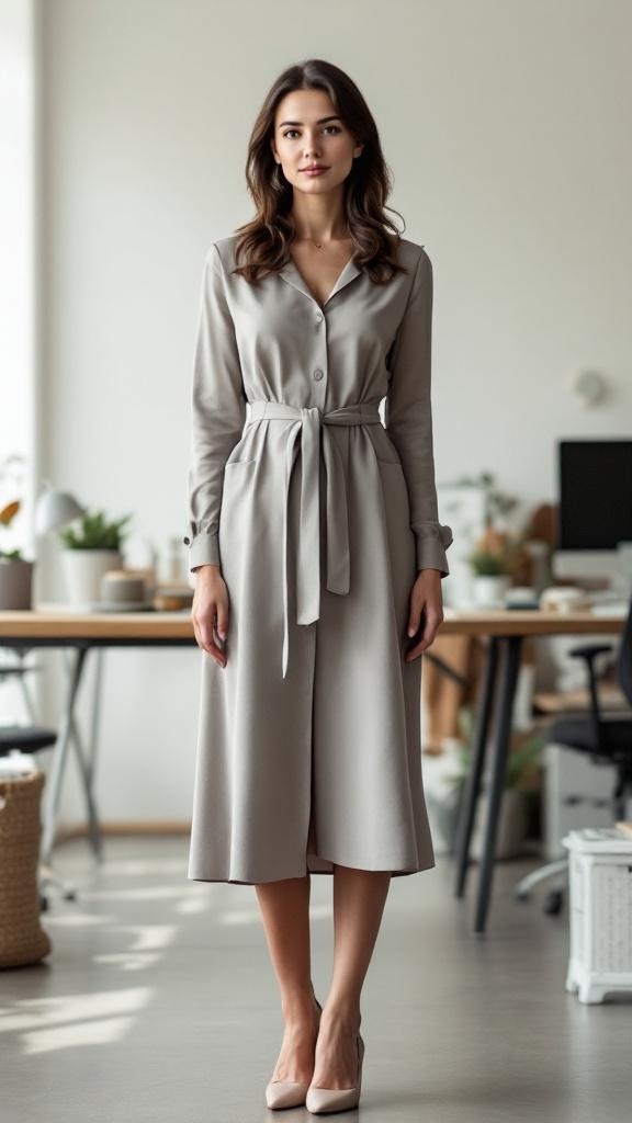 A woman wearing a sophisticated midi dress in a neutral tone, standing in an office environment.