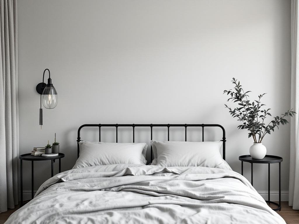 A stylish bedroom featuring a black metal bed frame, gray bedding, and minimalist decor.