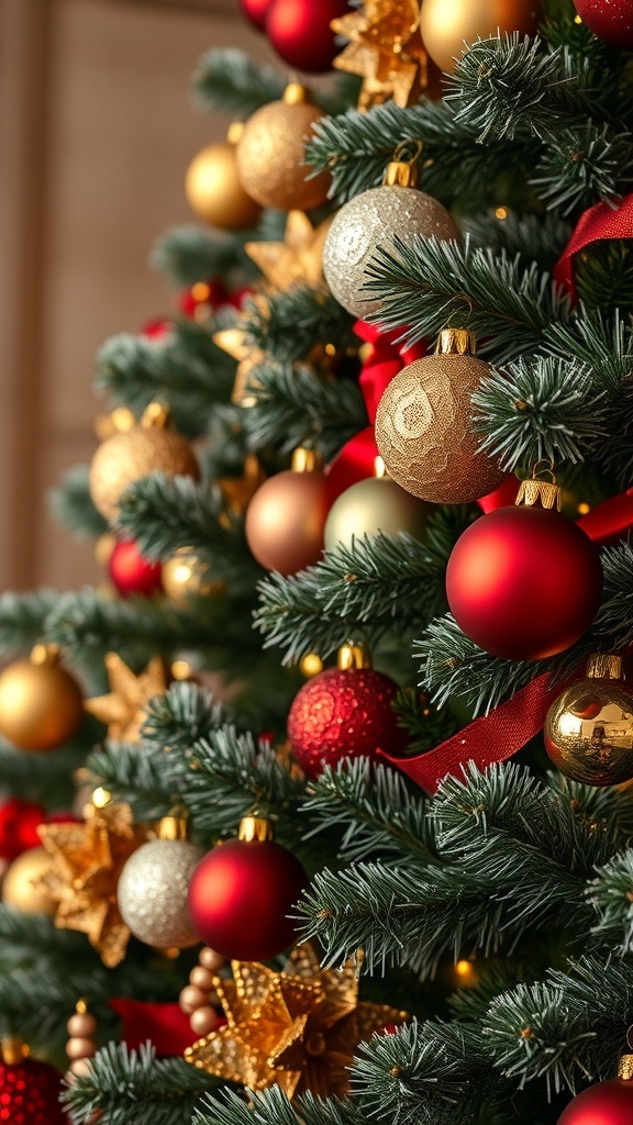 Close-up of a beautifully decorated Christmas tree with red and gold ornaments.