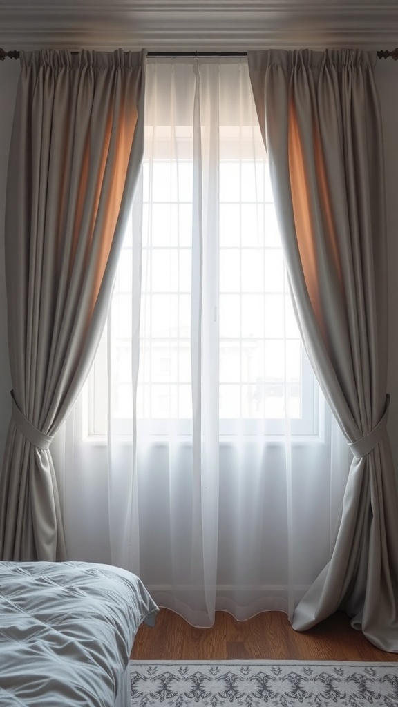 Elegant silver curtains framing a window in a stylish bedroom.