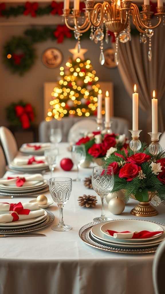 A beautifully set Christmas dining table with elegant decor, featuring red roses, candles, and a festive atmosphere.