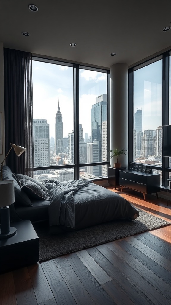 A stylish bedroom featuring black furniture, large windows with a city view, and cozy textures.