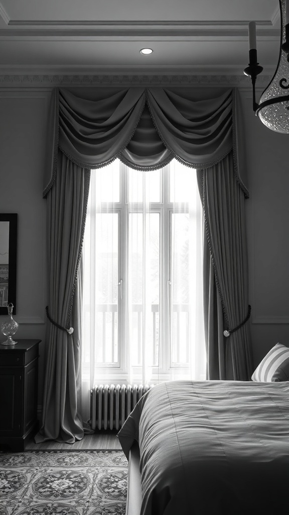 A black and white bedroom featuring elegant window treatments with drapes and sheer panels.