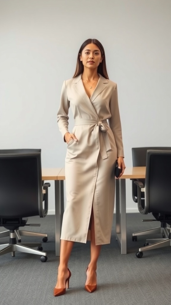 A woman wearing a sophisticated wrap dress in an office setting, showcasing a smart casual work outfit.