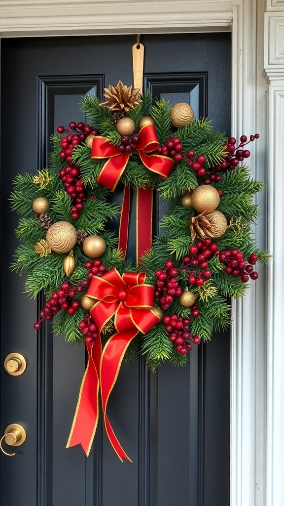 A sophisticated Christmas wreath with red ribbons, gold ornaments, and greenery on a black door.