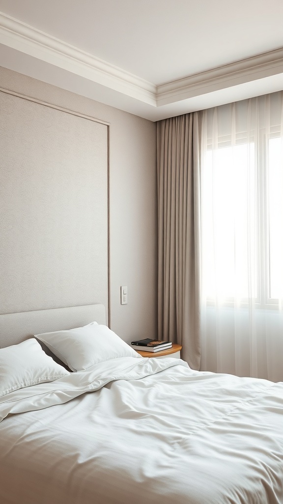 A soft neutral bedroom with a bed, pillows, and natural light filtering through sheer curtains.