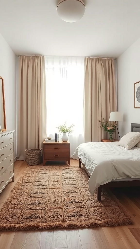 A calming bedroom with soft colors, thick curtains, and a cozy rug.