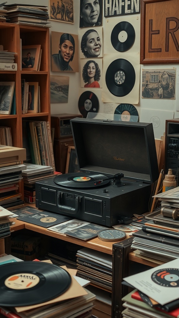 A cozy artist room with a turntable, vinyl records, and artwork on the walls.
