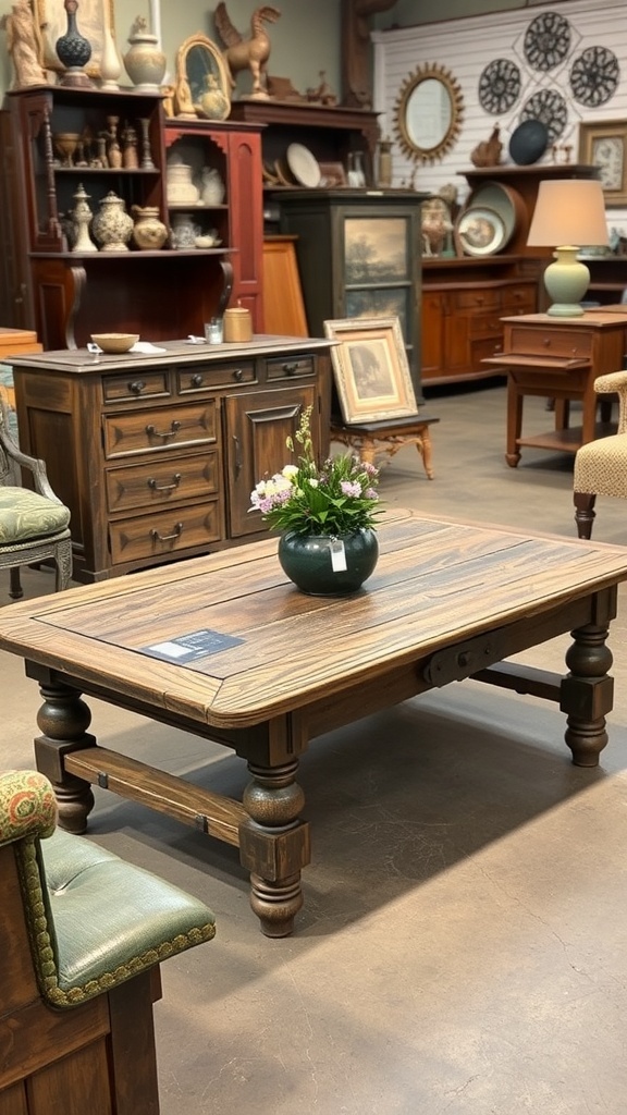 A rustic coffee table displayed in an antique shop surrounded by various vintage items.