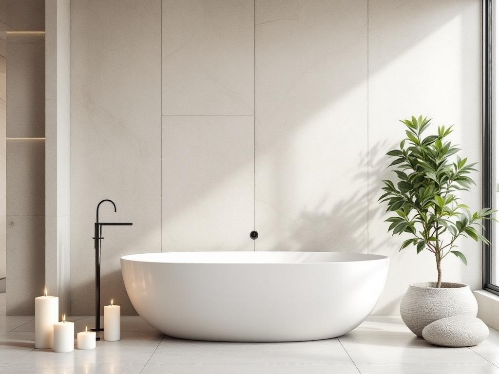A spa-inspired bathroom featuring a freestanding bathtub, candles, and a green plant.