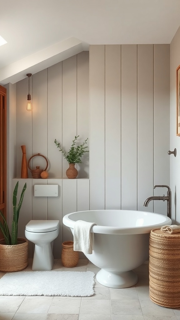 A rustic bathroom featuring a white bathtub, wooden accents, and natural decor.