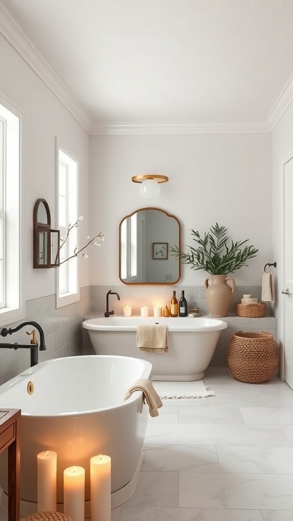 Modern farmhouse master bath with a freestanding tub, candles, and natural decor.