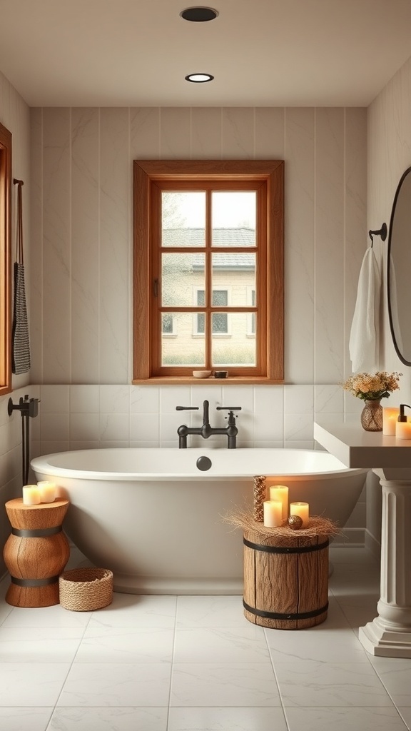 Modern farmhouse bathroom with a soaking tub, candles, and wooden accents.
