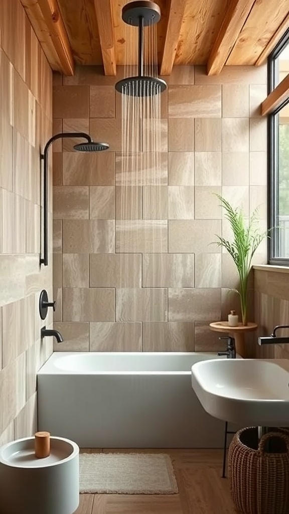A rustic modern bathroom featuring a rainfall shower, a deep soaking tub, and natural wood elements.