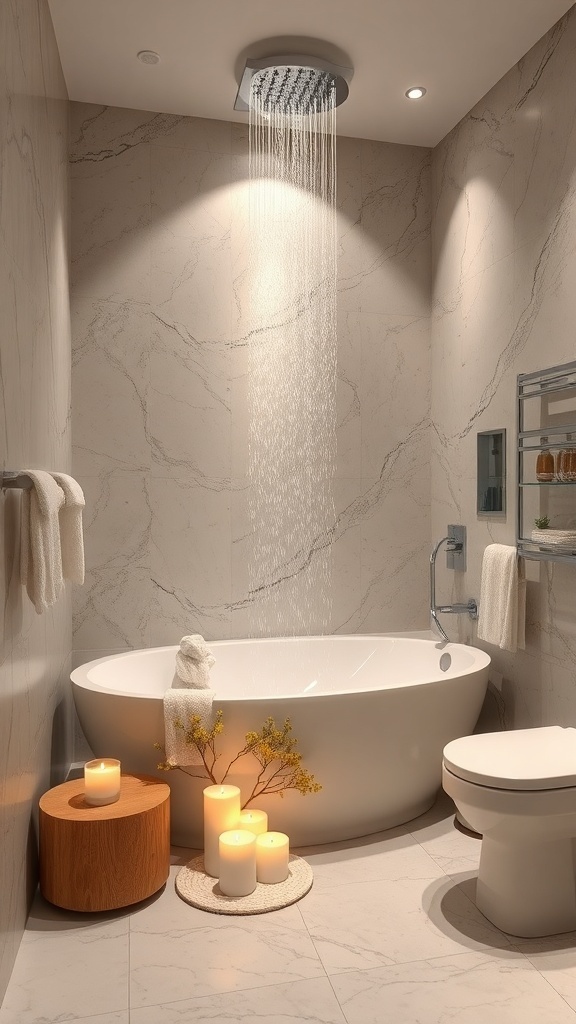 Modern bathroom with a freestanding tub, rain shower, and candles for a spa-like atmosphere.