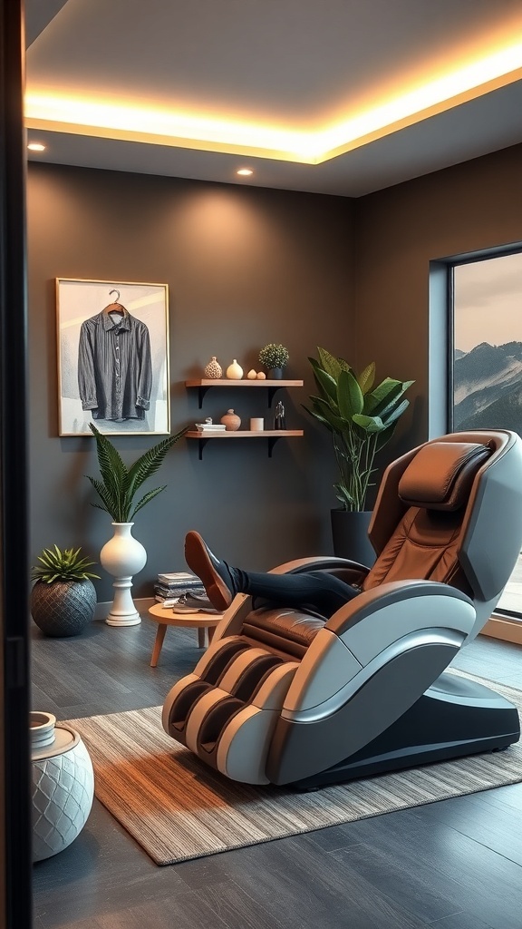 A modern massage chair in a home gym recovery area with a plant and the words 'Recovery Calm' on the wall.