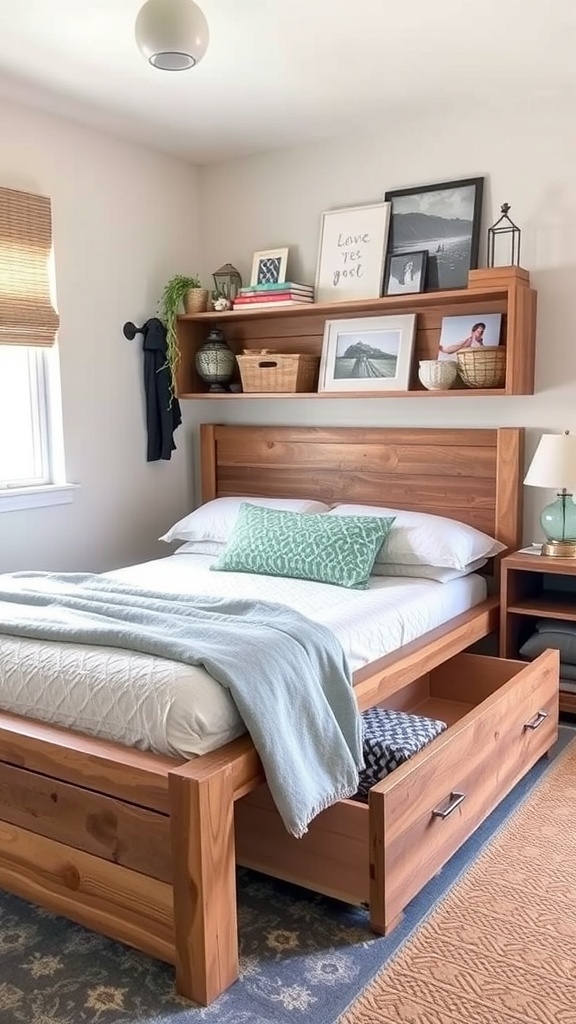 A rustic bed frame with storage drawers underneath in a cozy room